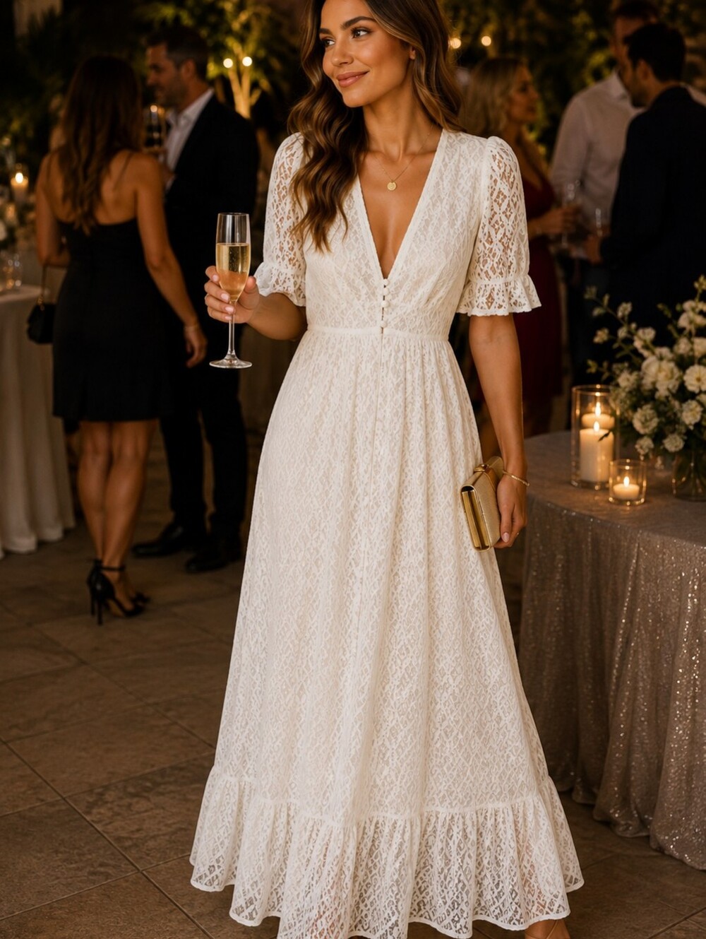 Vici Women's Lace Maxi Dress size L Nordstrom White 3/4 Sleeves Cotton/Nylon fai